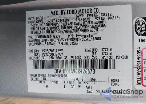 2012 Ford Fusion Sel z USA, uszkodzony, nr VIN 3FAHP0JA9CR426673